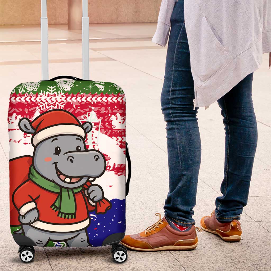Gambia Christmas Luggage Cover Santa Hippo National Coat of Arms Snowflakes and Festive Holiday - African Pride