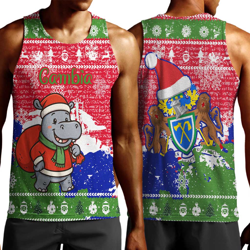Gambia Christmas Men Tank Top Santa Hippo National Coat of Arms Snowflakes and Festive Holiday - African Pride