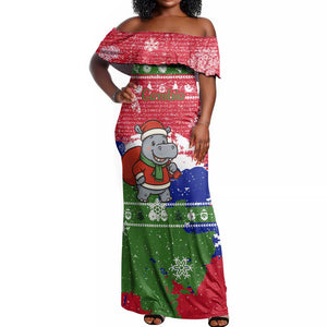 Gambia Christmas Off Shoulder Maxi Dress Santa Hippo National Coat of Arms Snowflakes and Festive Holiday - African Pride