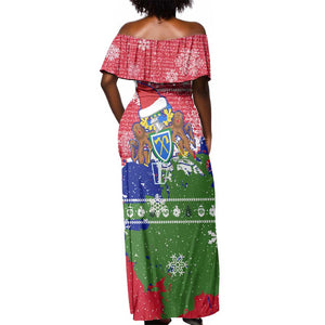 Gambia Christmas Off Shoulder Maxi Dress Santa Hippo National Coat of Arms Snowflakes and Festive Holiday - African Pride