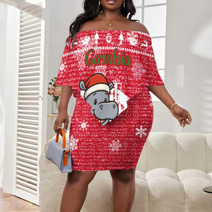 Gambia Christmas Off Shoulder Short Dress Santa Hippo National Coat of Arms Snowflakes and Festive Holiday - African Pride