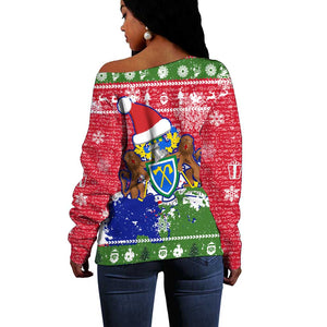 Gambia Christmas Off Shoulder Sweater Santa Hippo National Coat of Arms Snowflakes and Festive Holiday - African Pride