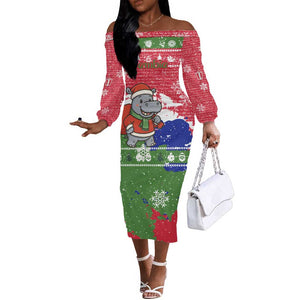 Gambia Christmas Off The Shoulder Long Sleeve Dress Santa Hippo National Coat of Arms Snowflakes and Festive Holiday - African Pride