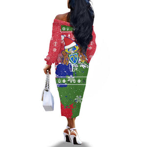 Gambia Christmas Off The Shoulder Long Sleeve Dress Santa Hippo National Coat of Arms Snowflakes and Festive Holiday - African Pride
