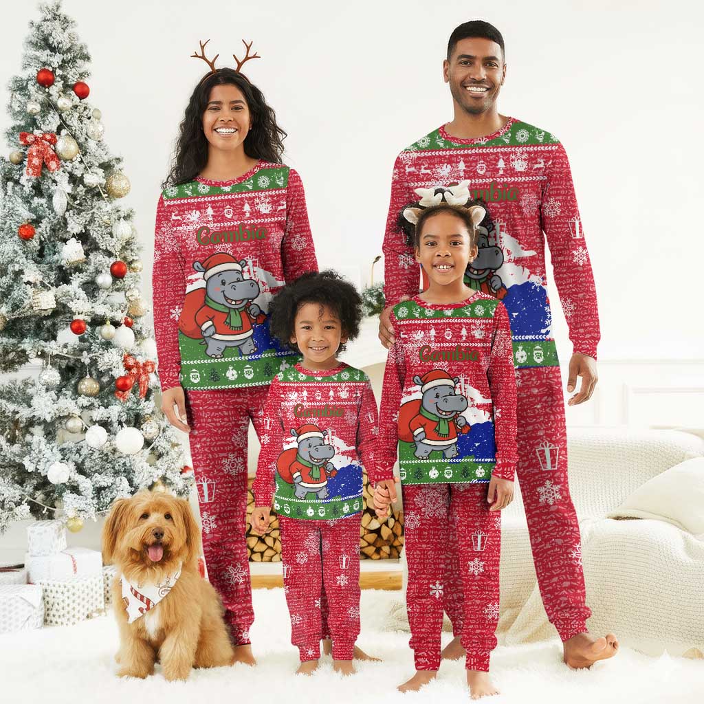 Gambia Christmas Pajama Set Santa Hippo National Coat of Arms Snowflakes and Festive Holiday - African Pride