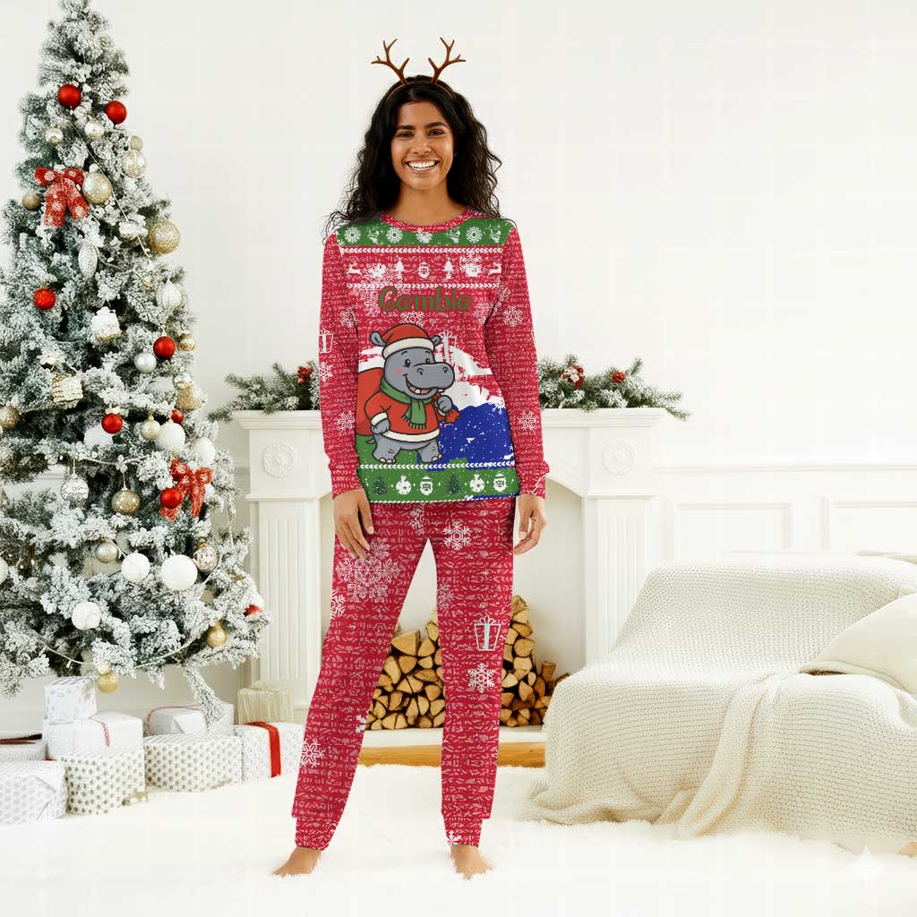 Gambia Christmas Pajama Set Santa Hippo National Coat of Arms Snowflakes and Festive Holiday - African Pride