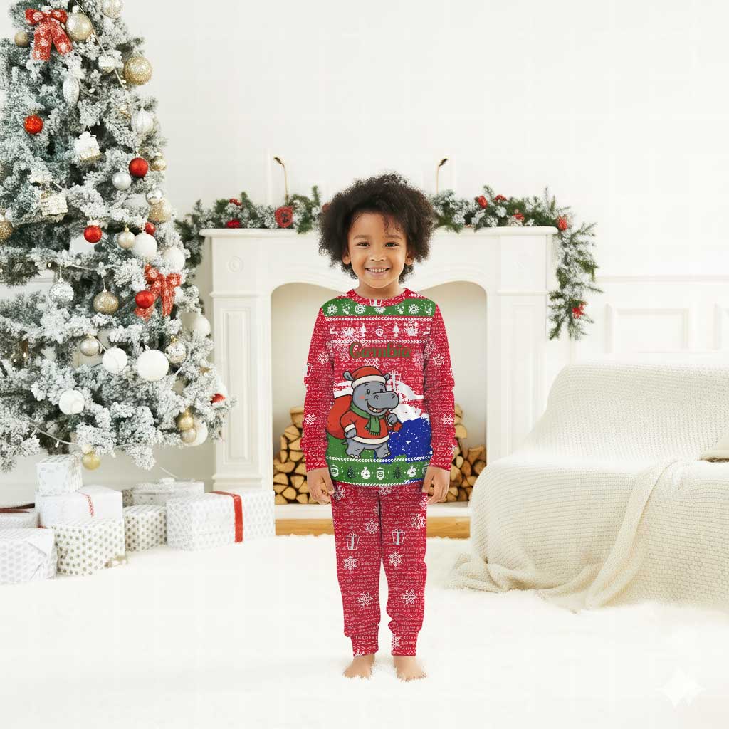 Gambia Christmas Pajama Set Santa Hippo National Coat of Arms Snowflakes and Festive Holiday - African Pride