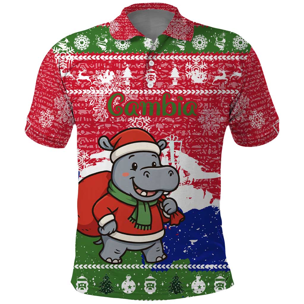 Gambia Christmas Polo Shirt Santa Hippo National Coat of Arms Snowflakes and Festive Holiday - African Pride