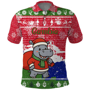 Gambia Christmas Polo Shirt Santa Hippo National Coat of Arms Snowflakes and Festive Holiday - African Pride