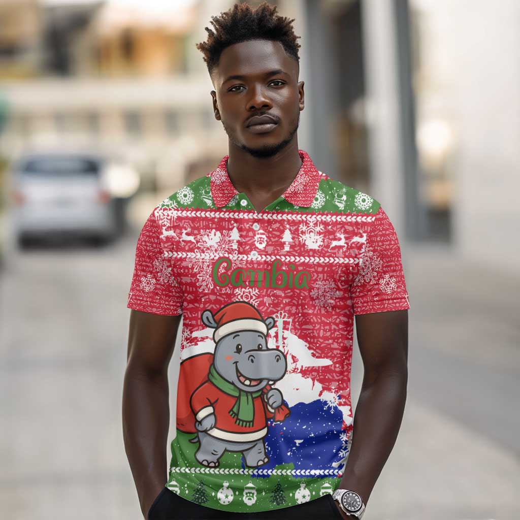 Gambia Christmas Polo Shirt Santa Hippo National Coat of Arms Snowflakes and Festive Holiday - African Pride
