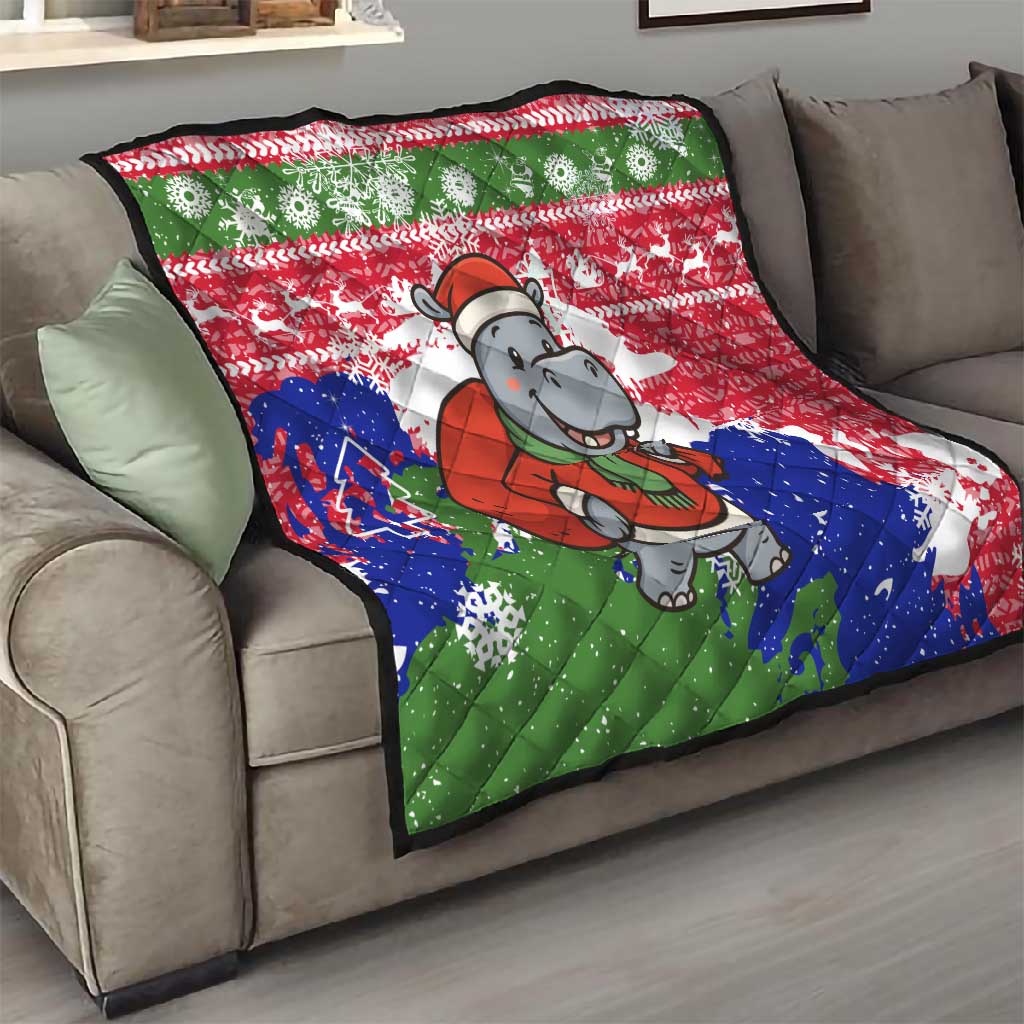 Gambia Christmas Quilt Santa Hippo National Coat of Arms Snowflakes and Festive Holiday - African Pride