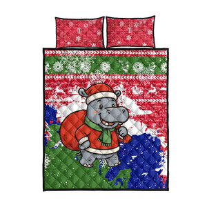 Gambia Christmas Quilt Bed Set Santa Hippo National Coat of Arms Snowflakes and Festive Holiday - African Pride