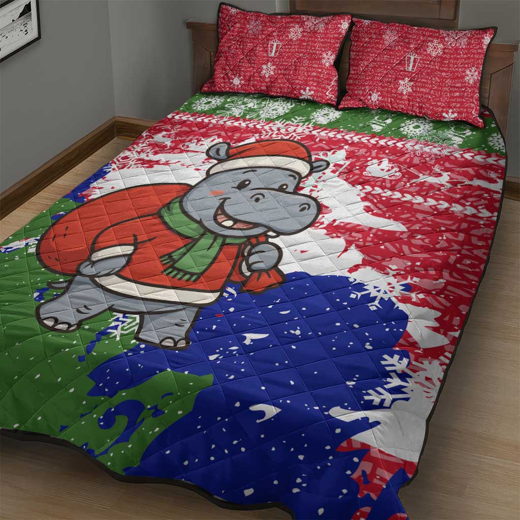 Gambia Christmas Quilt Bed Set Santa Hippo National Coat of Arms Snowflakes and Festive Holiday - African Pride