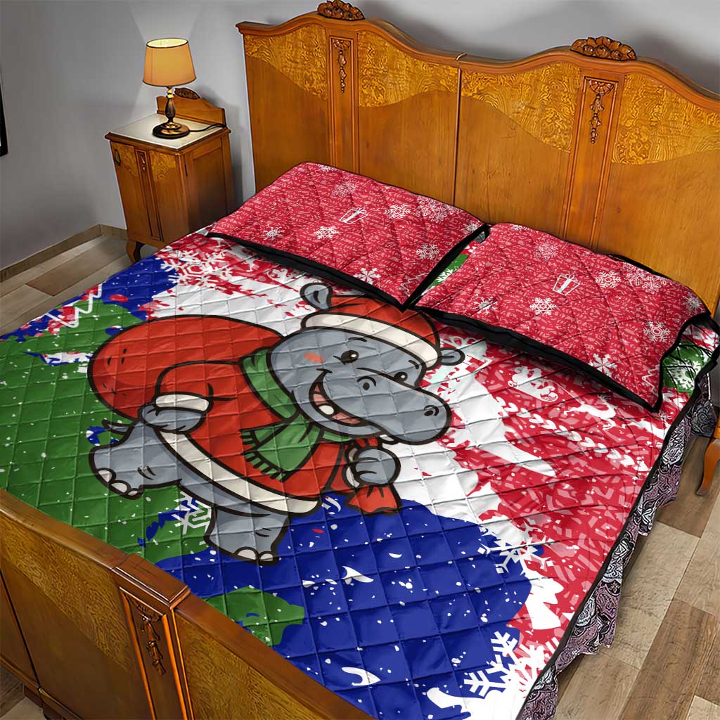 Gambia Christmas Quilt Bed Set Santa Hippo National Coat of Arms Snowflakes and Festive Holiday - African Pride