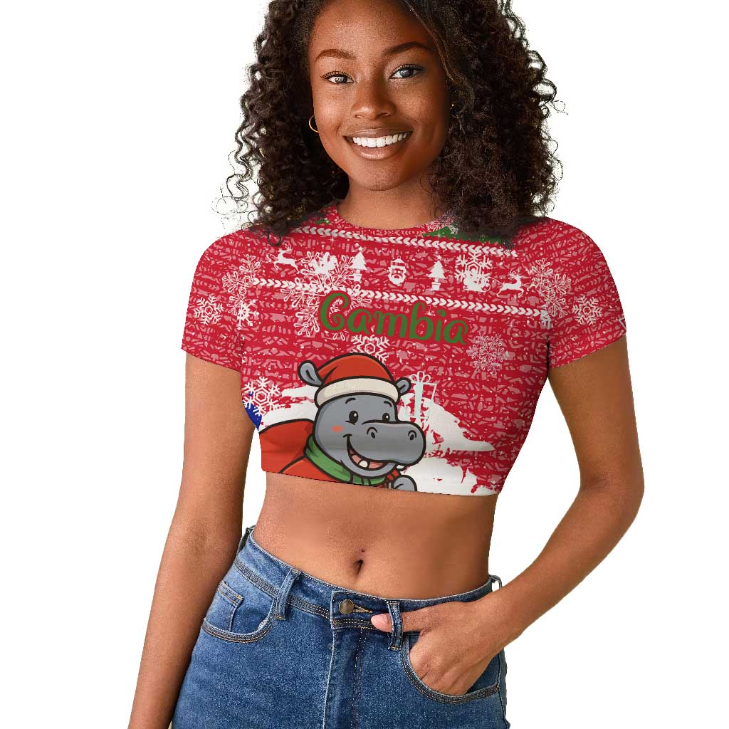 Gambia Christmas Raglan Cropped T shirt Santa Hippo National Coat of Arms Snowflakes and Festive Holiday - African Pride