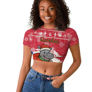 Gambia Christmas Raglan Cropped T shirt Santa Hippo National Coat of Arms Snowflakes and Festive Holiday - African Pride