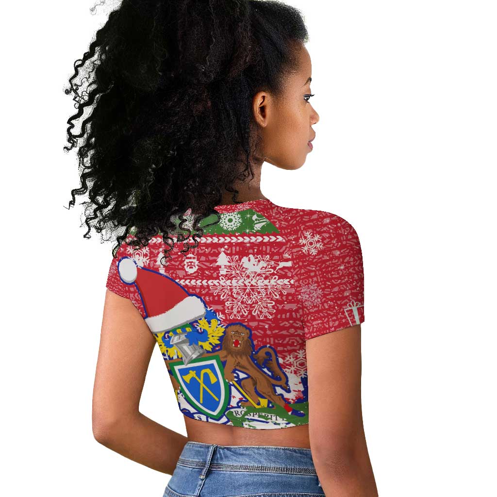 Gambia Christmas Raglan Cropped T shirt Santa Hippo National Coat of Arms Snowflakes and Festive Holiday - African Pride