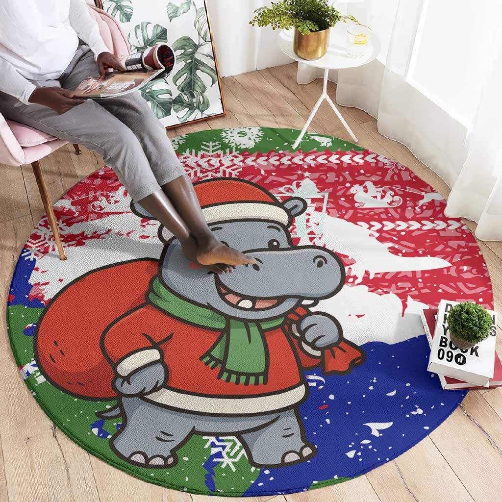 Gambia Christmas Round Carpet Santa Hippo National Coat of Arms Snowflakes and Festive Holiday - African Pride