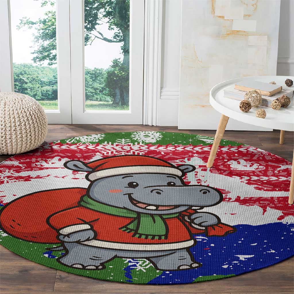 Gambia Christmas Round Carpet Santa Hippo National Coat of Arms Snowflakes and Festive Holiday - African Pride