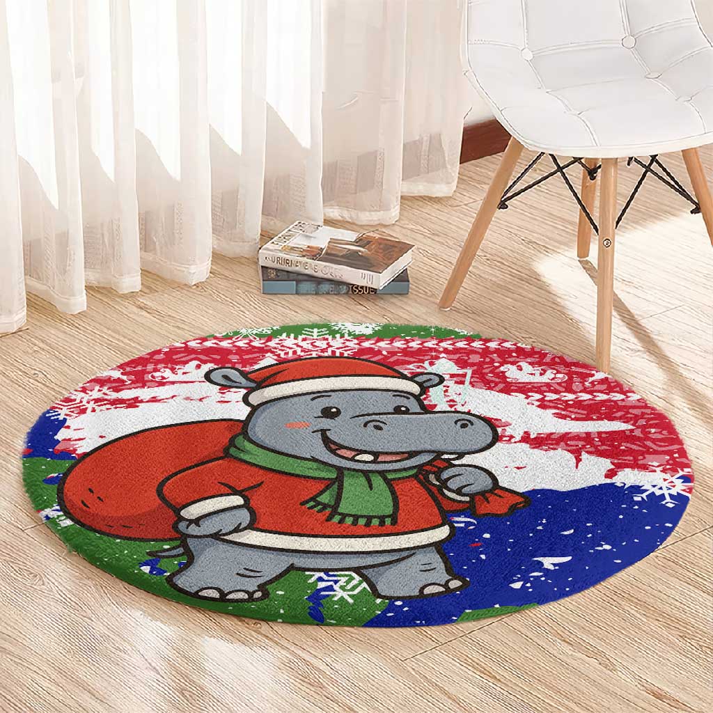 Gambia Christmas Round Carpet Santa Hippo National Coat of Arms Snowflakes and Festive Holiday - African Pride