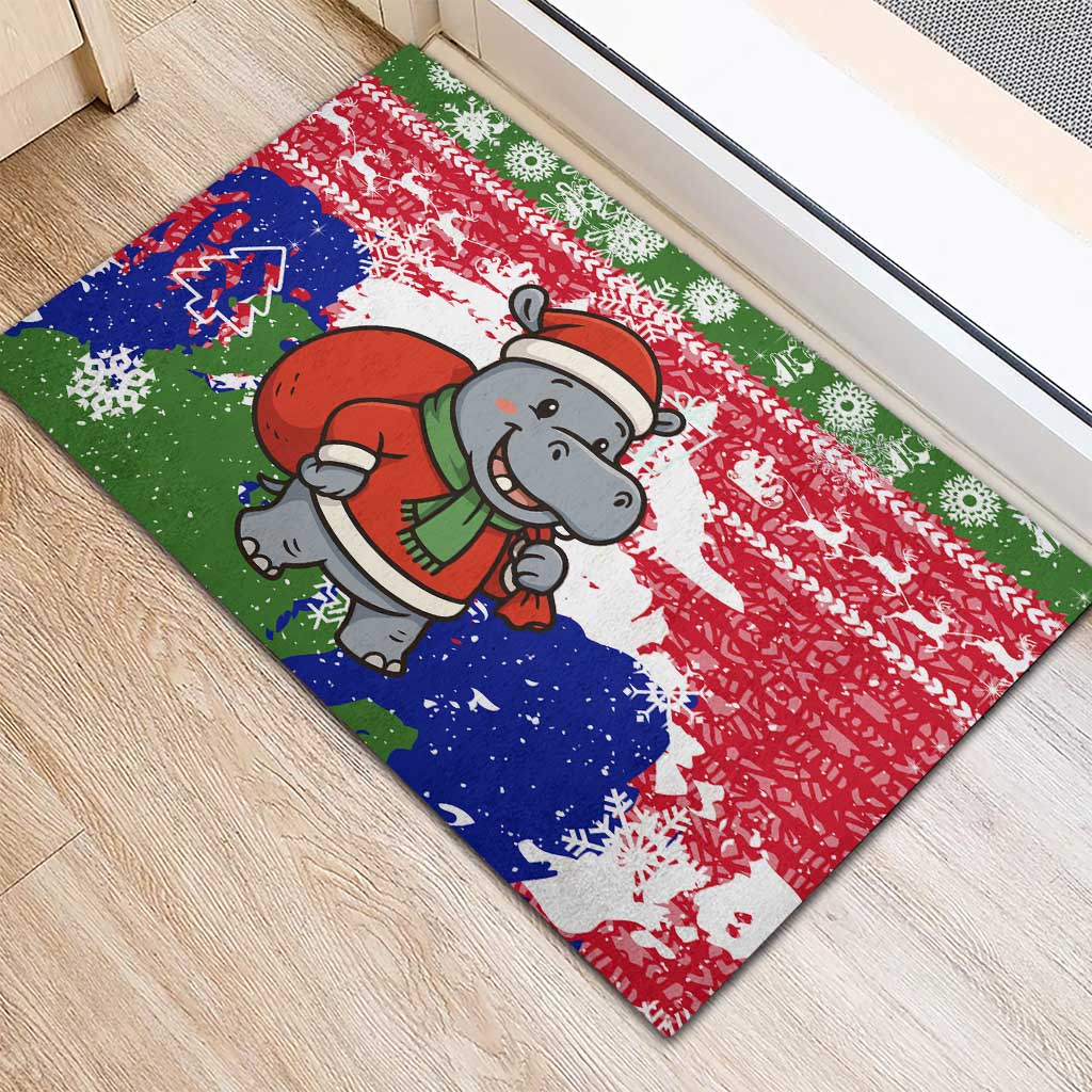 Gambia Christmas Rubber Doormat Santa Hippo National Coat of Arms Snowflakes and Festive Holiday - African Pride