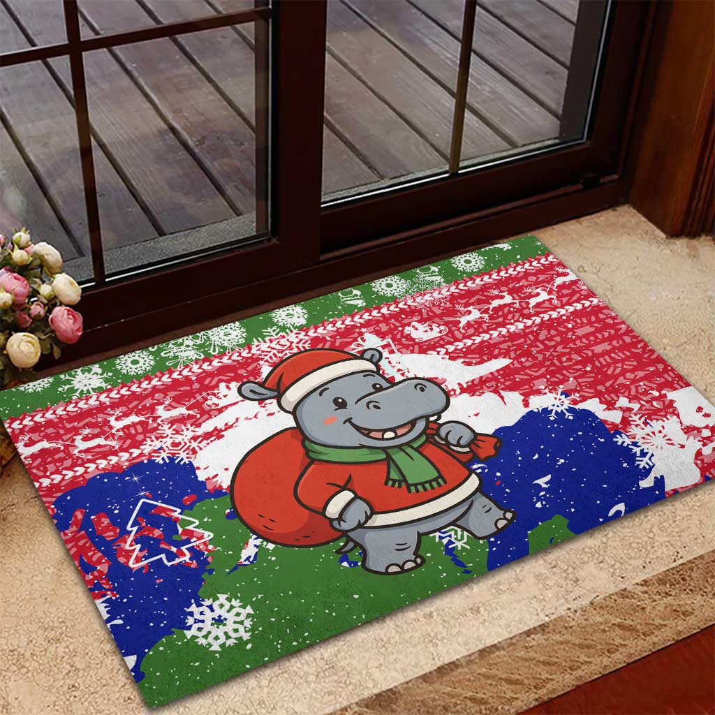Gambia Christmas Rubber Doormat Santa Hippo National Coat of Arms Snowflakes and Festive Holiday - African Pride