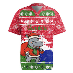 Gambia Christmas Rugby Jersey Santa Hippo National Coat of Arms Snowflakes and Festive Holiday - African Pride