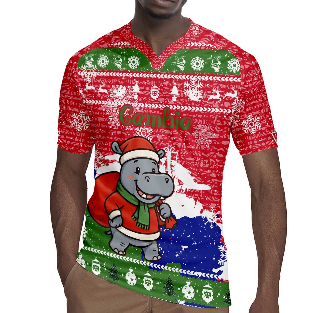 Gambia Christmas Rugby Jersey Santa Hippo National Coat of Arms Snowflakes and Festive Holiday - African Pride
