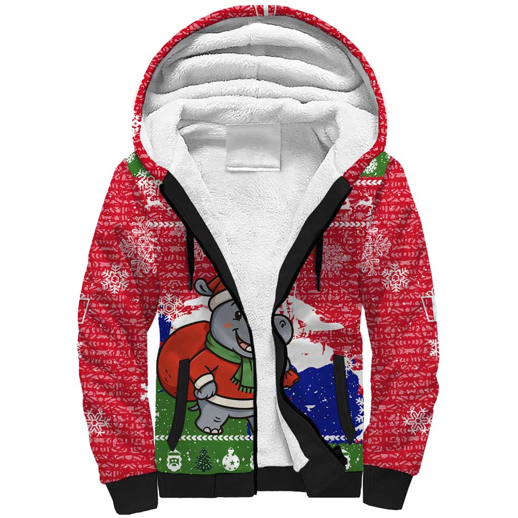 Gambia Christmas Sherpa Hoodie Santa Hippo National Coat of Arms Snowflakes and Festive Holiday - African Pride