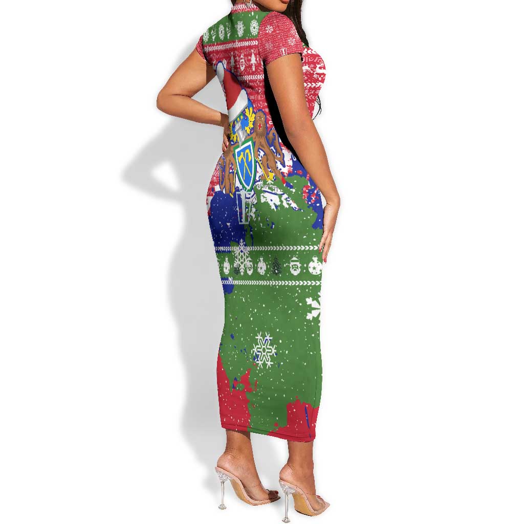 Gambia Christmas Short Sleeve Bodycon Dress Santa Hippo National Coat of Arms Snowflakes and Festive Holiday - African Pride