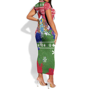 Gambia Christmas Short Sleeve Bodycon Dress Santa Hippo National Coat of Arms Snowflakes and Festive Holiday - African Pride