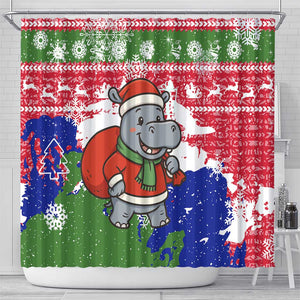 Gambia Christmas Shower Curtain Santa Hippo National Coat of Arms Snowflakes and Festive Holiday - African Pride