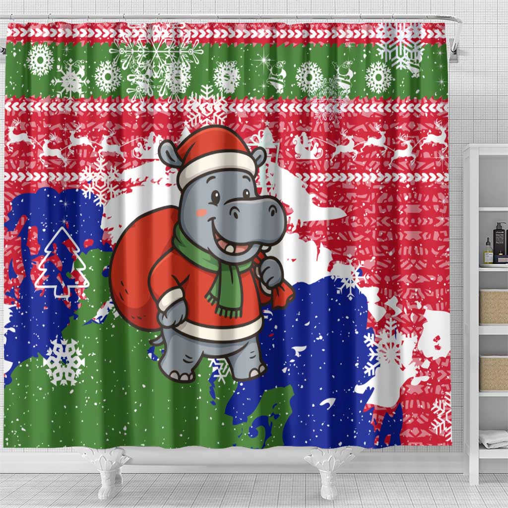 Gambia Christmas Shower Curtain Santa Hippo National Coat of Arms Snowflakes and Festive Holiday - African Pride