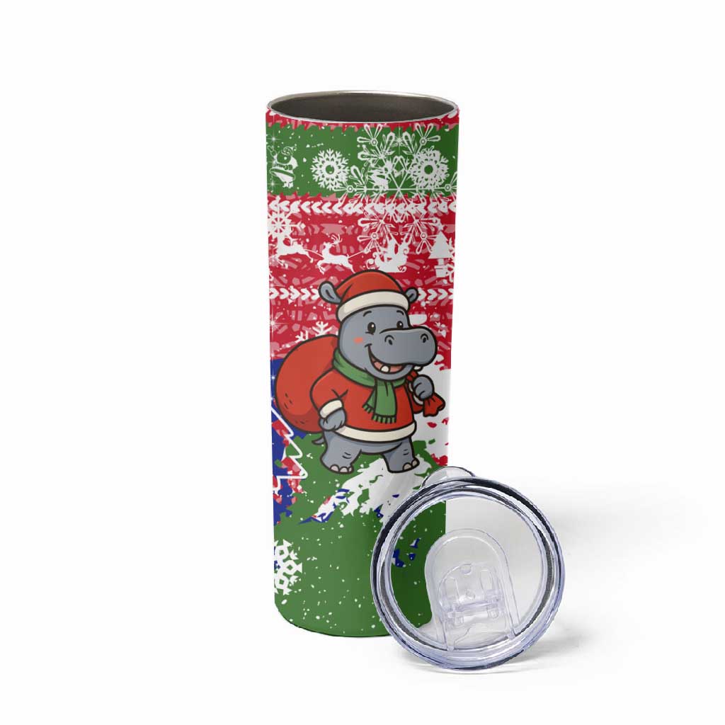 Gambia Christmas Skinny Tumbler Santa Hippo National Coat of Arms Snowflakes and Festive Holiday - African Pride