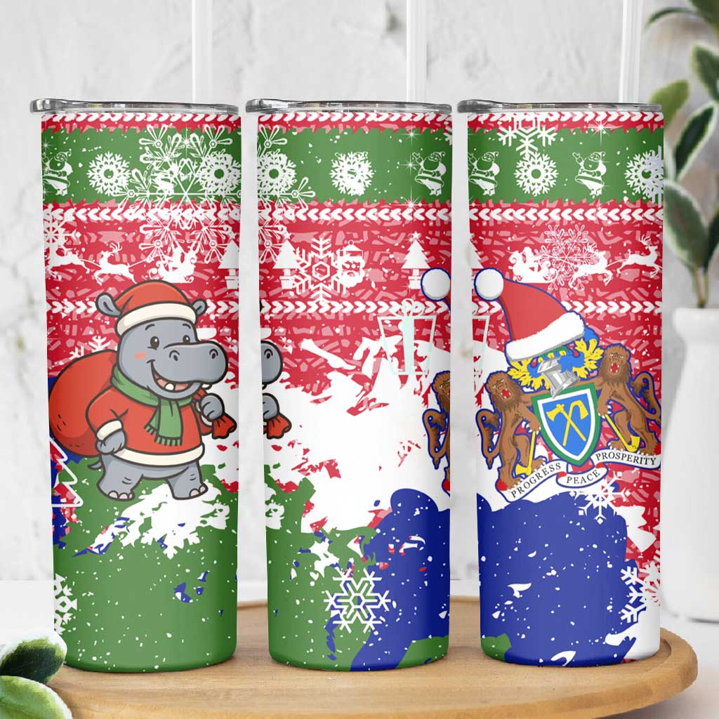 Gambia Christmas Skinny Tumbler Santa Hippo National Coat of Arms Snowflakes and Festive Holiday - African Pride