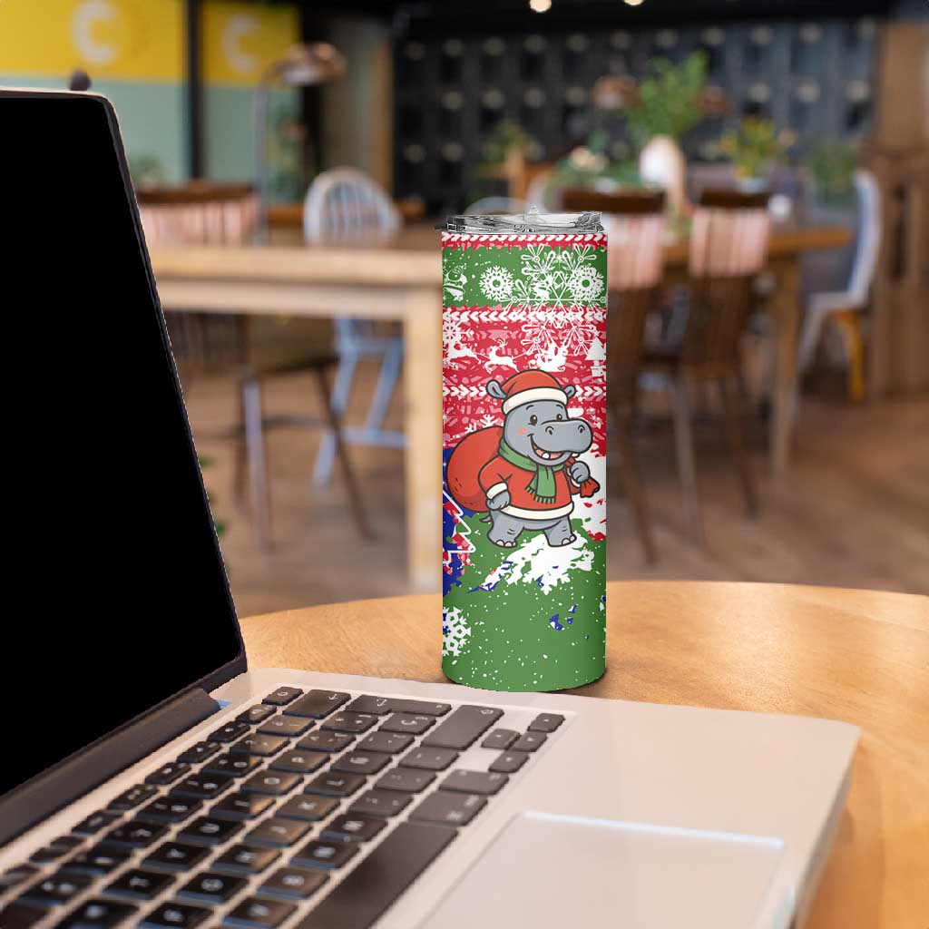 Gambia Christmas Skinny Tumbler Santa Hippo National Coat of Arms Snowflakes and Festive Holiday - African Pride