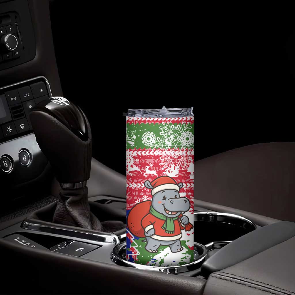 Gambia Christmas Skinny Tumbler Santa Hippo National Coat of Arms Snowflakes and Festive Holiday - African Pride