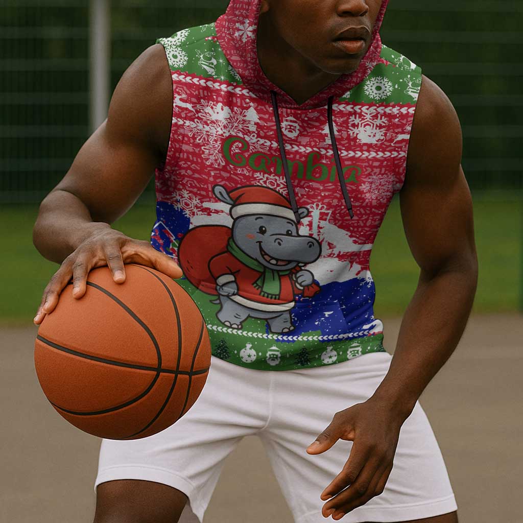 Gambia Christmas Sleeveless Hoodie Santa Hippo National Coat of Arms Snowflakes and Festive Holiday - African Pride