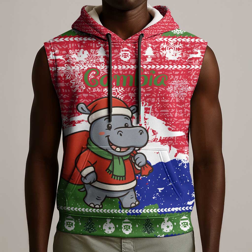 Gambia Christmas Sleeveless Hoodie Santa Hippo National Coat of Arms Snowflakes and Festive Holiday - African Pride