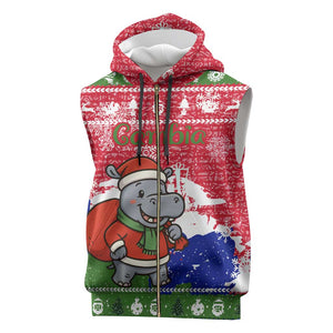 Gambia Christmas Sleeveless Zip Hoodie Santa Hippo National Coat of Arms Snowflakes and Festive Holiday - African Pride