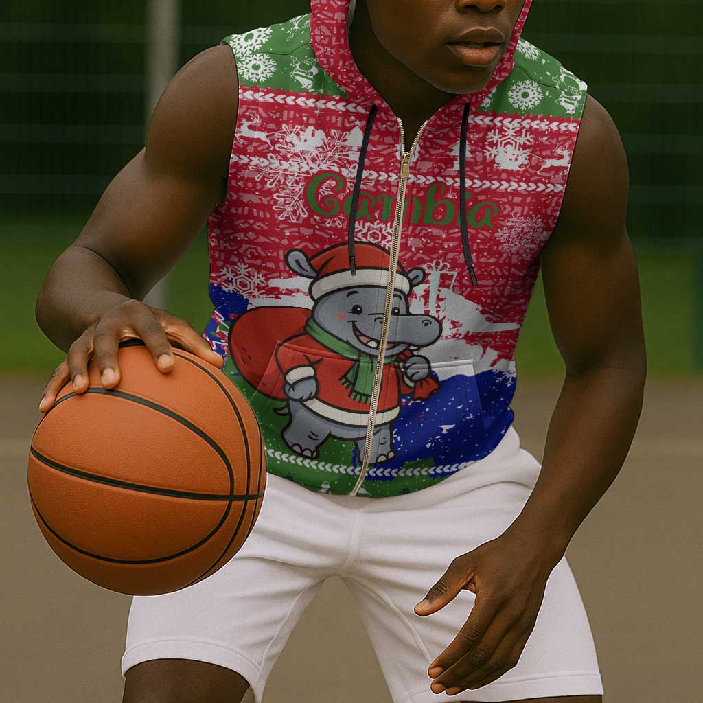 Gambia Christmas Sleeveless Zip Hoodie Santa Hippo National Coat of Arms Snowflakes and Festive Holiday - African Pride