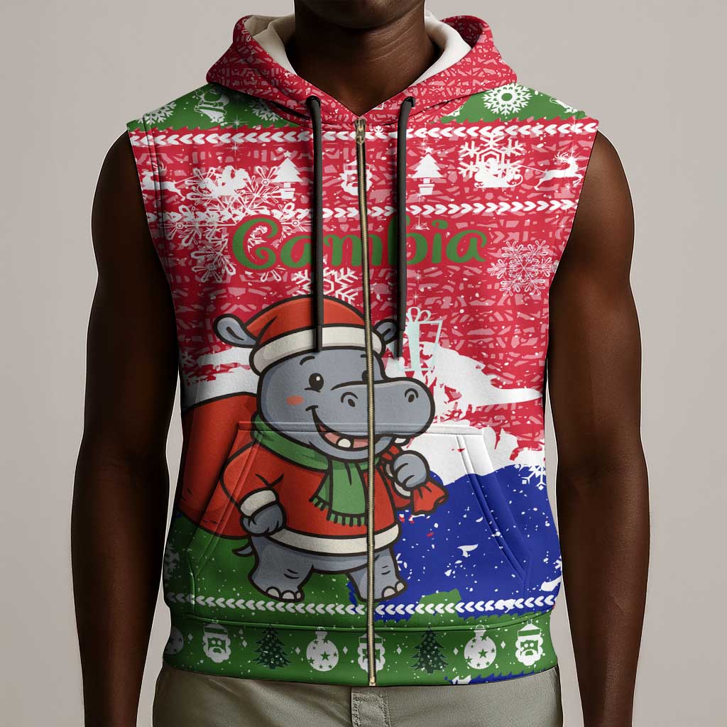 Gambia Christmas Sleeveless Zip Hoodie Santa Hippo National Coat of Arms Snowflakes and Festive Holiday - African Pride