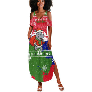 Gambia Christmas Summer Maxi Dress Santa Hippo National Coat of Arms Snowflakes and Festive Holiday - African Pride