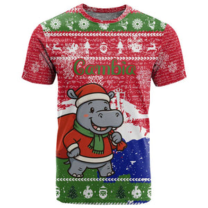 Gambia Christmas T shirt Santa Hippo National Coat of Arms Snowflakes and Festive Holiday - African Pride