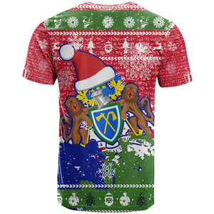 Gambia Christmas T shirt Santa Hippo National Coat of Arms Snowflakes and Festive Holiday - African Pride