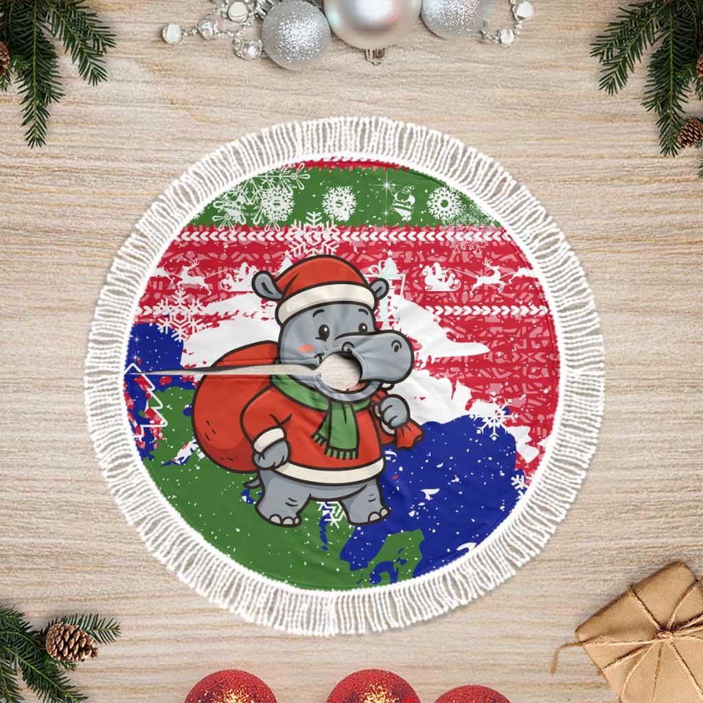 Gambia Christmas Tree Skirt Santa Hippo National Coat of Arms Snowflakes and Festive Holiday - African Pride