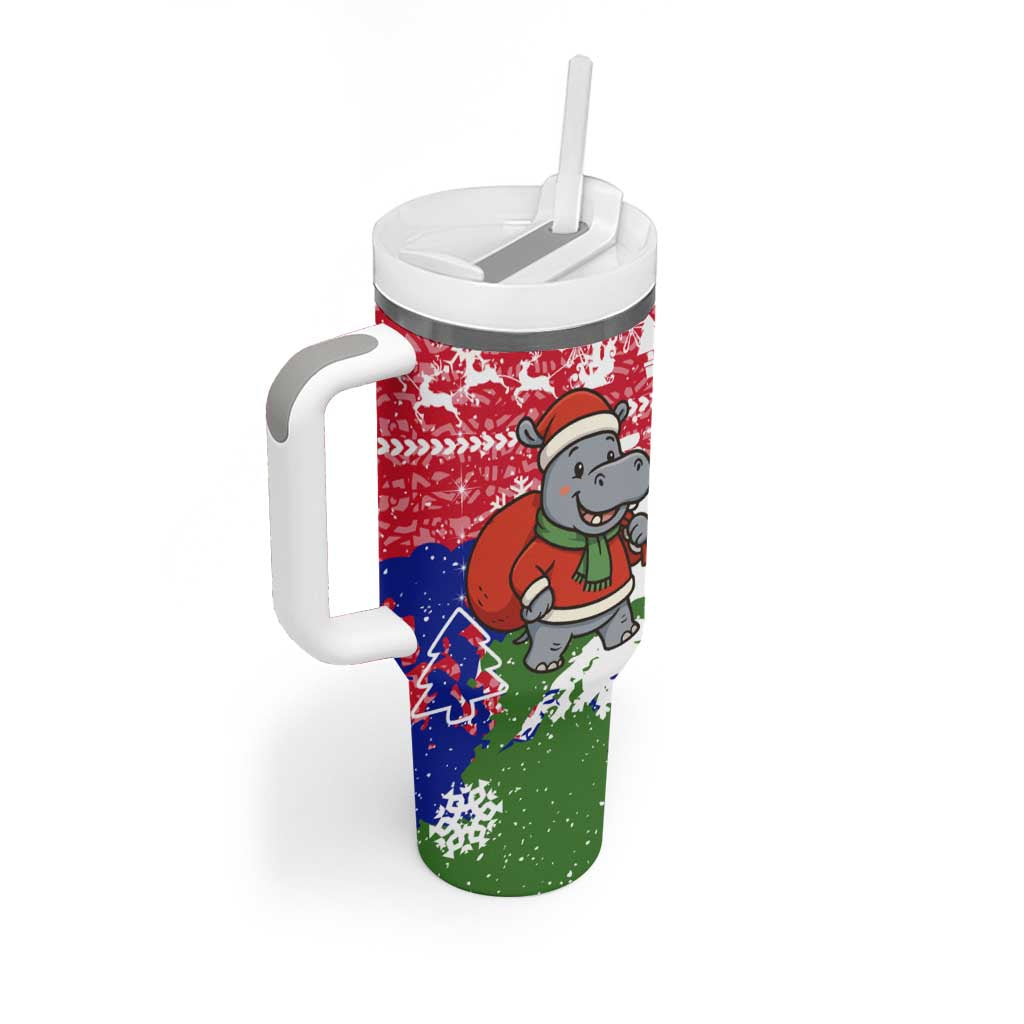 Gambia Christmas Tumbler With Handle Santa Hippo National Coat of Arms Snowflakes and Festive Holiday - African Pride