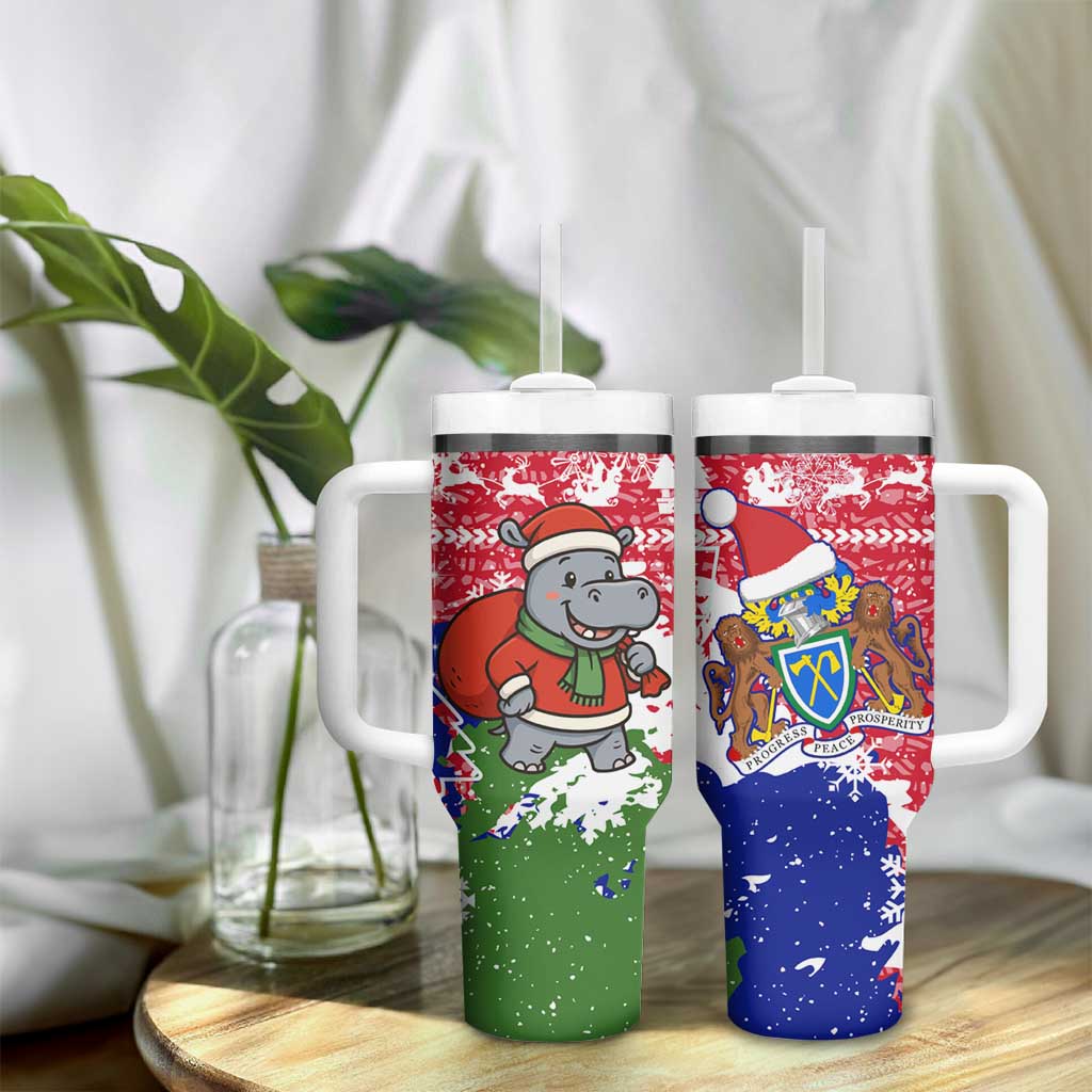 Gambia Christmas Tumbler With Handle Santa Hippo National Coat of Arms Snowflakes and Festive Holiday - African Pride