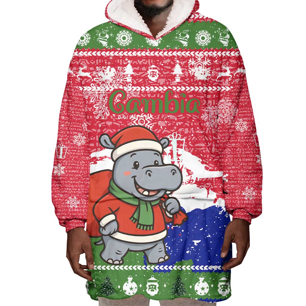 Gambia Christmas Wearable Blanket Hoodie Santa Hippo National Coat of Arms Snowflakes and Festive Holiday - African Pride