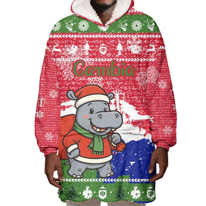 Gambia Christmas Wearable Blanket Hoodie Santa Hippo National Coat of Arms Snowflakes and Festive Holiday - African Pride